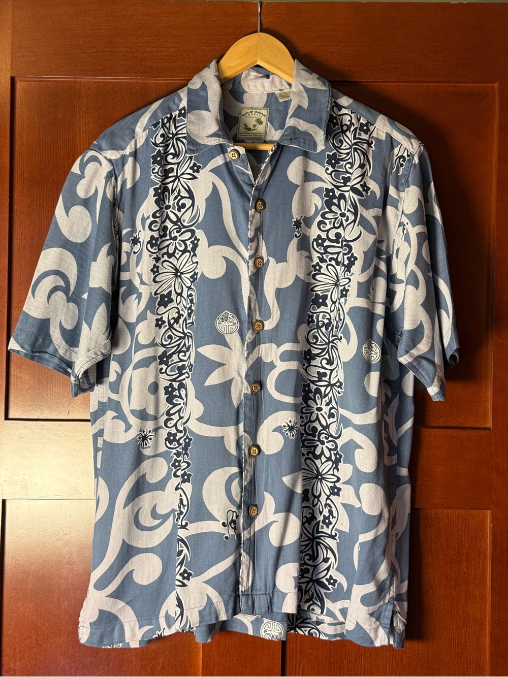 Colo Wear VTG Blue Border Panel Hawaiian Aloha Shirt Men’s Size Large